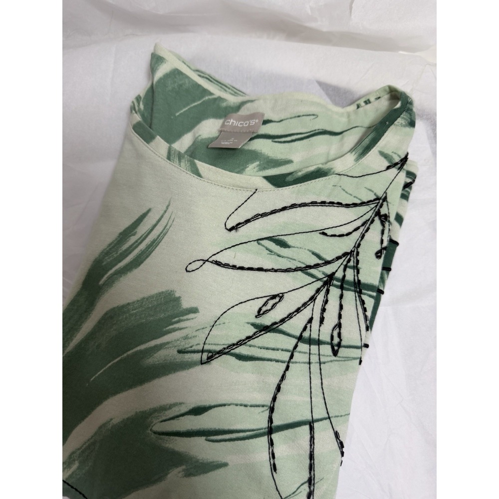 Chico's Shirt Womens 3 US 16 XL Green Embellished Floral SS Top Blouse